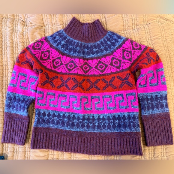 SAYLOR Sweaters - SAYLOR Mock Neck Fair Isle Colorblock Sweater Bold Pink Purple Knit